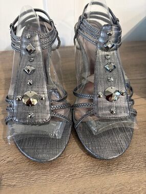 Rialto Silver Gem-Embellished T-Strap Sandals